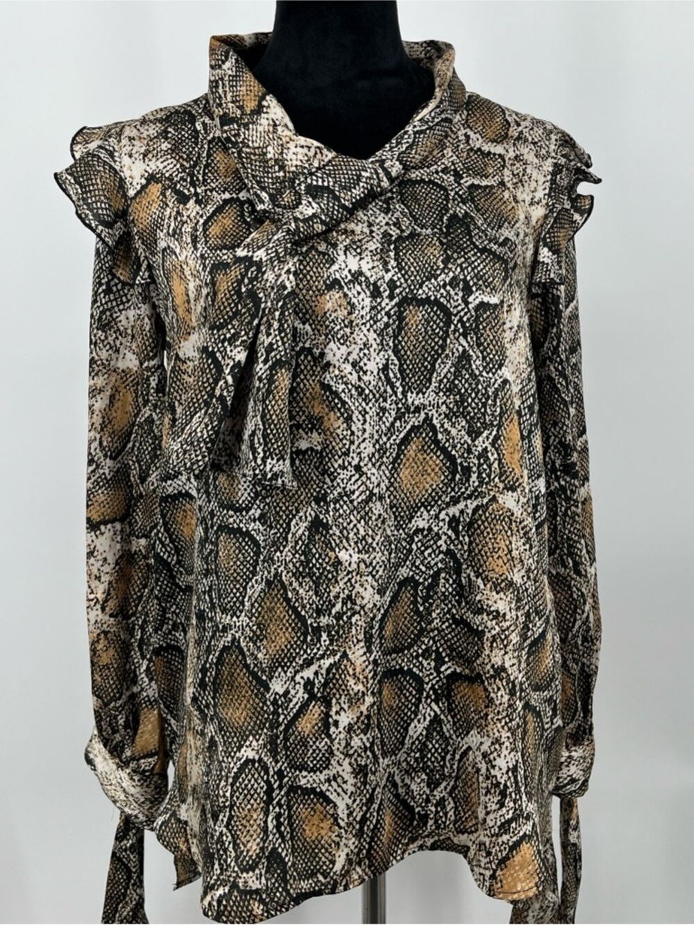 Zara Snake-Print Tie-Neck Blouse - Brown, Black, Cream